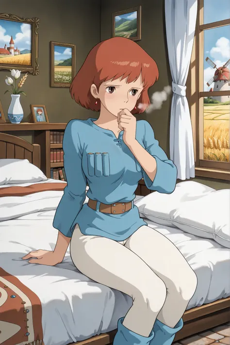 Nausicaa,1girl,brown hair,medium hair,brown eyes, breasts,, (Masterpiece, top quality, 8k, High quality anime, detailed and accurate anime poster, Studio Ghibli style, High sense Art ), adorable face, very kind face, Sitting on the bed in her private room,...