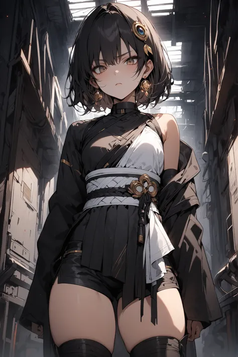((masterpiece,Highest Quality:1.2)),(1girl),Slender,Women standing in a dark warehouse,cowboy shot,beautiful skin,shoulder out,(Thin thighs),(open reg),(healthy tanned skin),black bob cut,Perfect brown eyes , tree eyes ,black wanderer costume,Black Shorts,...