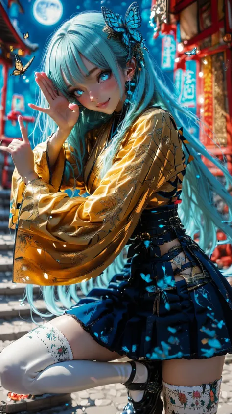 32K、takes image quality to the limit、Highest Quality、Highest Image Quality、超high resolution、 Clear and beautiful face、shrineでSmile Yang、Smile Yang、Beautiful with a tall nose,favorite face 、Shining Face、clean skin、1 girl、solo、blue hair long hair、 Ray Quincy...