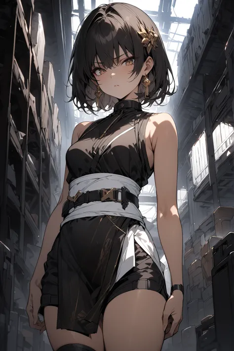((masterpiece,Highest Quality:1.2)),(1girl),Slender,Women standing in a dark warehouse,cowboy shot,beautiful skin,shoulder out,(Thin thighs),(open reg),(healthy tanned skin),black bob cut,Perfect brown eyes , tree eyes ,Black Drifter Sleeveless Costume,Bla...