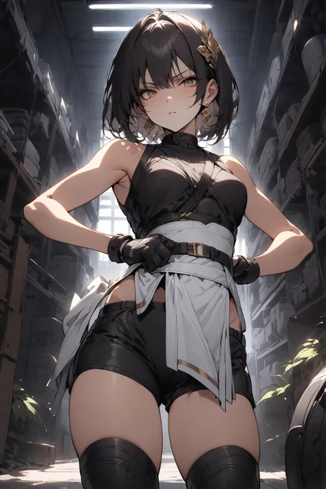 ((masterpiece,Highest Quality:1.2)),(1girl),Slender,Women standing in a dark warehouse,cowboy shot,beautiful skin,shoulder out,(Thin thighs),(open reg),(healthy tanned skin),black bob cut,Perfect brown eyes , tree eyes ,Black Drifter Sleeveless Costume,Bla...