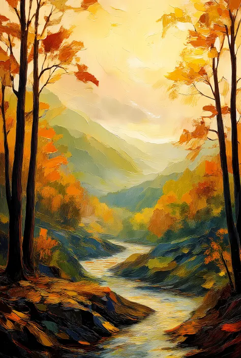 Ultra-high-resolution digital painting of a serene autumn forest landscape, full scene in frame and not cropped, no people, no text. 
A gentle winding stream starts in the foreground and curves toward the horizon, reflecting soft golden light. 
Both sides ...