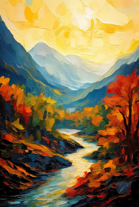 Ultra-high-resolution abstract landscape illustration in bold oil pastel style, full scene visible, no cropping.  
A winding stream flows through an autumn forest valley with rolling hills in the background.  
Use rough, thick oil pastel strokes and heavy ...