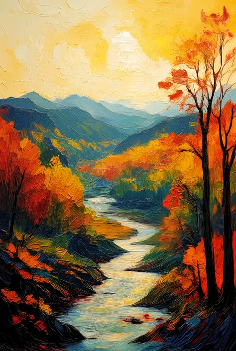 Ultra-high-resolution abstract landscape illustration in bold oil pastel style, full scene visible, no cropping.  
A winding stream flows through an autumn forest valley with rolling hills in the background.  
Use rough, thick oil pastel strokes and heavy ...