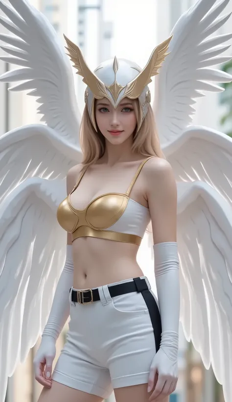 (mahakarya, best quality;1.3), highly detailed, Angewomon, Digimon , Winged helmet , helmet eye cover, helmet on, helmet on, eyes closed , telanjang, big , bare breasts multiple wings white, sayap putih, pink Hagoromo, single glove, tanpa tali,white over...
