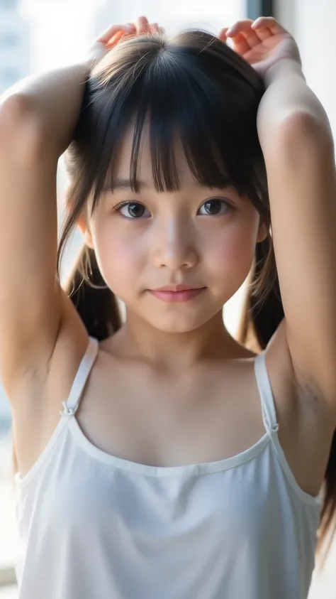 big eyes、black hair long twin tail that is backlit and looks beautiful through、世界一cute中学生、 arms above head 、 Please Show Me Your Eyes 、big eyes、smile,( She's a Middle School Student 、There are:1.8),(8k, original pictures, Highest Qu...