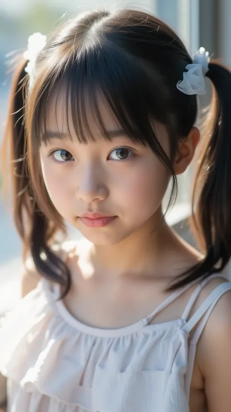 big eyes、black hair long twin tail that is backlit and looks beautiful through、世界一cute中学生、 arms above head 、 Please Show Me Your Eyes 、big eyes、smile,( She's a Middle School Student 、There are:1.8),(8k, original pictures, Highest Qu...