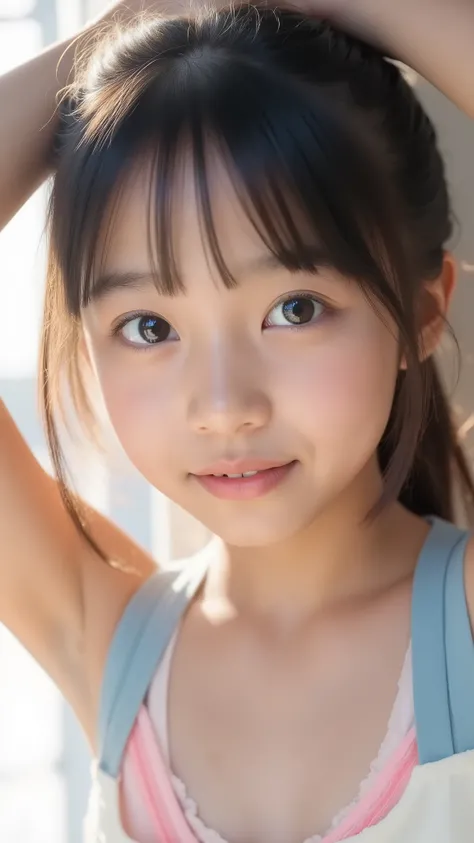 big eyes、black hair long twin tail that is backlit and looks beautiful through、世界一cute中学生、 arms above head 、 Please Show Me Your Eyes 、big eyes、smile,( She's a Middle School Student 、There are:1.8),(8k, original pictures, Highest Qu...