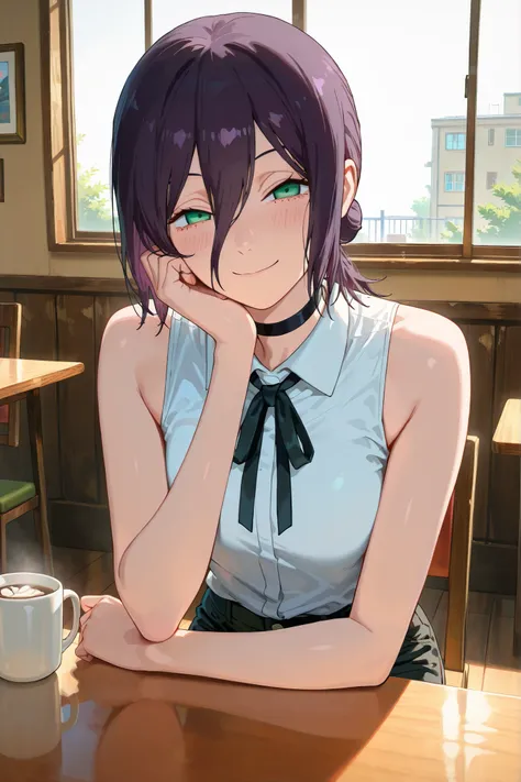 masterpiece, best quality, absolutely absurdres, very aaesthetic, newest, very awa, masterpiece, best quality, absolutely absurdres, very aaesthetic, newest, anime screencap, solo,reze, chainsaw man, navy hair, green eyes,black choker, purple hair, choker,...