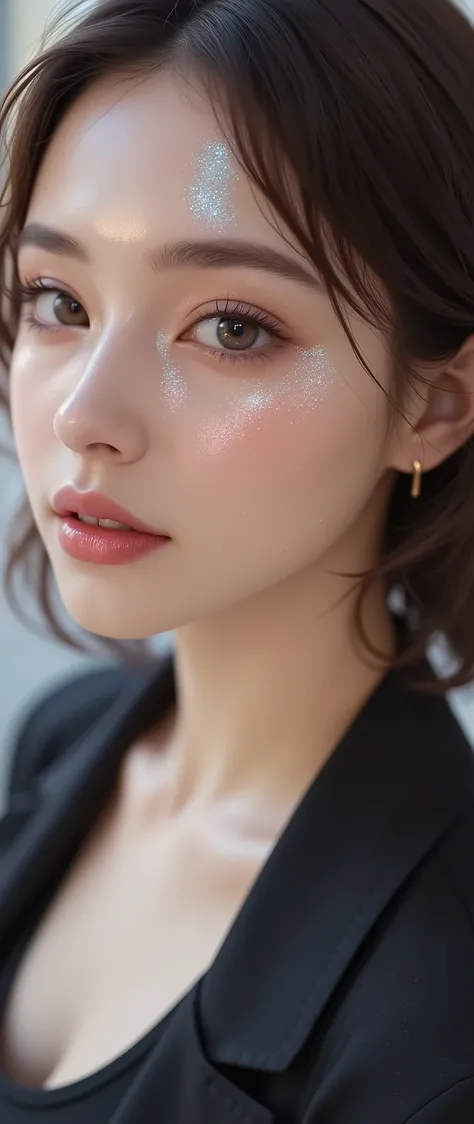 araped woman wearing a black shirt and black jacket, Portrait Sophie Mudd, wear a selfie , Inspired by Tessa Thompson, Professional makeup , shining, profile image , Sexy face with full makeup , detailed and perfect face , Sensual Expression , A perfe...