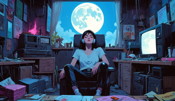 An 1980s sci-fi style illustration of a small, cluttered cyberpunk room at night. The room is narrow and lived-in, like an otaku's room from the 1980s, with scattered magazines, books, cables, a portable boombox, CRT television, VHS tapes, and retro sci-fi...
