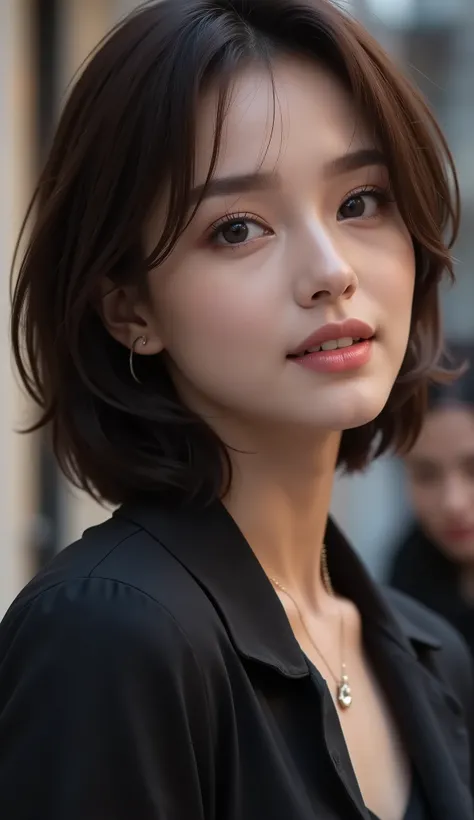 araped woman wearing a black shirt and black jacket, Portrait Sophie Mudd, wear a selfie , Inspired by Tessa Thompson, Professional makeup , shining, profile image , Sexy face with full makeup , detailed and perfect face , Sensual Expression , A perfe...