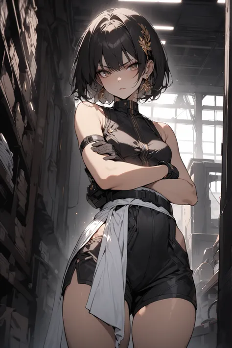 ((masterpiece,Highest Quality:1.2)),(1girl),Slender,Women standing in a dark warehouse,cowboy shot,beautiful skin,shoulder out,(Thin thighs),(open reg),(healthy tanned skin),black bob cut,Perfect brown eyes , tree eyes ,Black Drifter Sleeveless Costume,Bla...