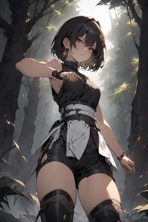 ((masterpiece,Highest Quality:1.2)),(1girl),Slender,A woman standing on a dark battlefield,cowboy shot,beautiful skin,shoulder out,(Thin thighs),(open reg),(healthy tanned skin),black bob cut,Perfect brown eyes , tree eyes ,Black Drifter Sleeveless Costume...