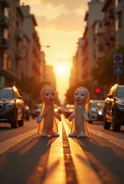 Two condoms cross a busy road,  the sun sets 