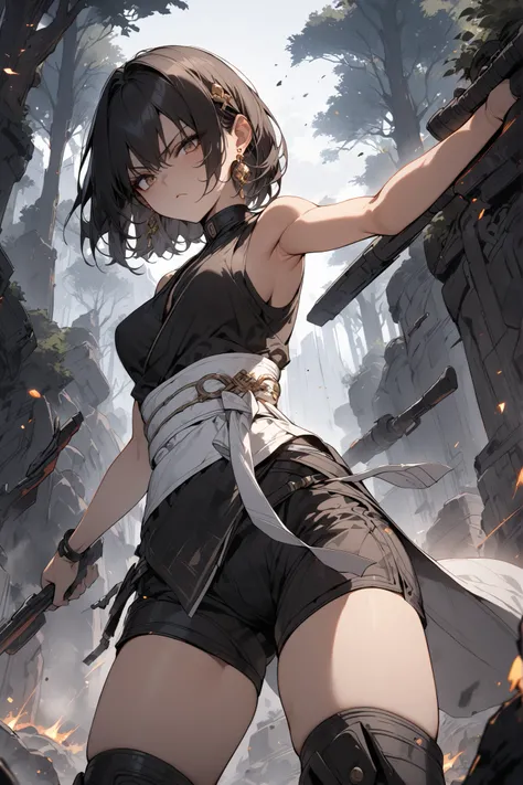 ((masterpiece,Highest Quality:1.2)),(1girl),Slender,A woman doing intense action on a dark battlefield,cowboy shot,beautiful skin,shoulder out,(Thin thighs),(open reg),(healthy tanned skin),black bob cut,Perfect brown eyes , tree eyes ,Black Drifter Sleeve...