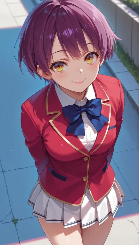 score_9, score_8_up, score_7_up, score_6_up, score_5_up, score_4_up, rating_questionable, , source_anime, digital illustration, pixiv, fanbox, uncensored, , BREAK, official art, 1girl, solo,1girl kayano onodera purple hair very short hair yellow eyes, sch...