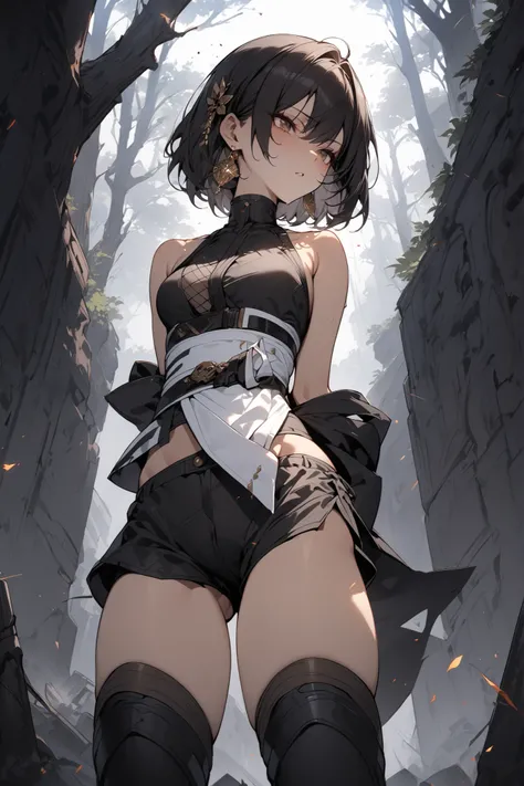 ((masterpiece,Highest Quality:1.2)),(1girl),Slender,A woman doing intense action on a dark battlefield,cowboy shot,beautiful skin,shoulder out,(Thin thighs),(open reg),(healthy tanned skin),black bob cut,Perfect brown eyes , tree eyes ,Black Drifter Sleeve...