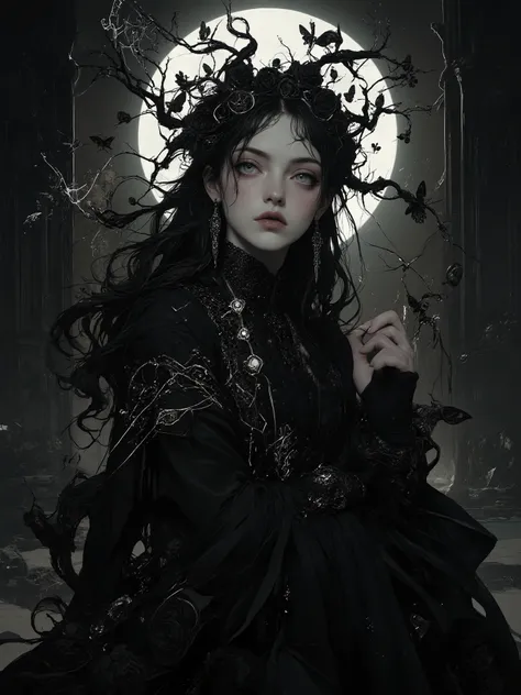 a stunning goddess of darkness and shadow, embodying the seductive dangers of the night, ethereal pale skin with a luminous glow against pitch-black surroundings, adorned with intricate jewelry made of obsidian and starlight, flowing black diaphanous gown ...