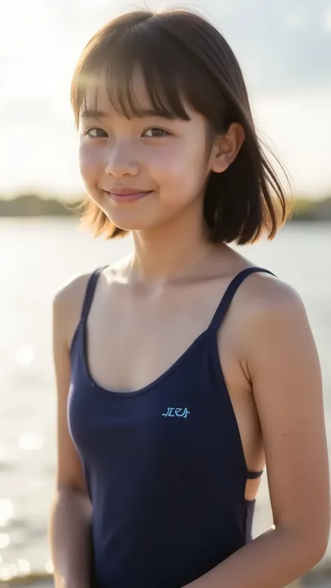 hair fluttering in the wind、sweaty skin、Sweaty hair 、Wet clothes、dusk coast,A cute girl with a face like a Japanese idol, short hair, Slender body、athletes、(Cinema Lighting),(natural light),(High Artistic Quality),(artistic),(indistinguishable quality),{{O...