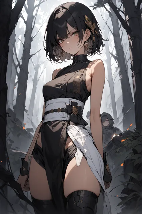 ((masterpiece,Highest Quality:1.2)),(1girl),Slender,A woman standing on a dark battlefield and staring at us,cowboy shot,beautiful skin,shoulder out,(Thin thighs),(open reg),(healthy tanned skin),black bob cut,Perfect brown eyes , tree eyes ,Black Drifter ...
