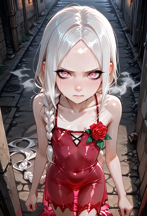 masterpiece, detailed_eyes, high_quality, best_quality, highres, absurdres, 8k, 1girl, young model, tiny mesugaki, ((liquid gown, dress made out of wine, blood dress, rose corsage, transparent clothes)), exposed navel, (forehead), pale skin, pale girl, whi...