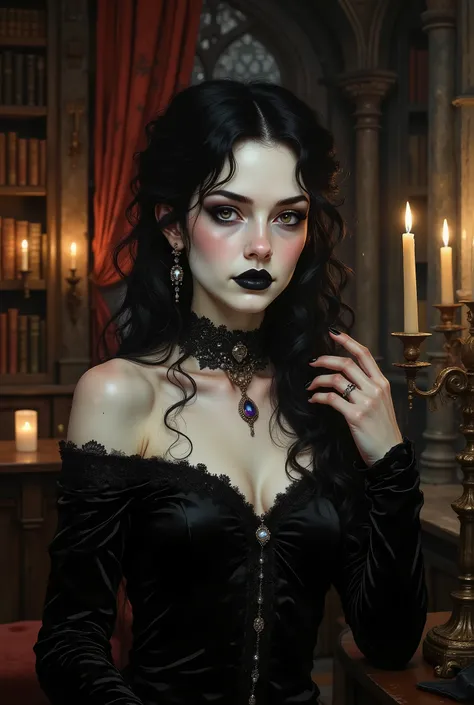a shoulder-up gothic woman on the right side of a 16:9 frame, pale skin and long black curls cascading over one shoulder, black lace choker with a gemstone, dramatic dark lipstick and smoky eyeshadow, wearing an off-shoulder velvet gown, background on the ...
