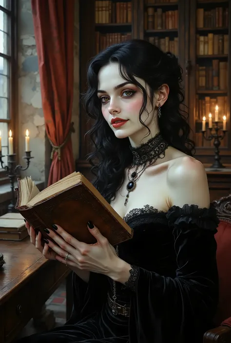A gothic woman positioned on the right side of a 16:9 frame, her pale face turned slightly towards the viewer with a mysterious, knowing smile and a piercing gaze. Her long black curls cascade over one shoulder. She is wearing a black lace choker with a da...