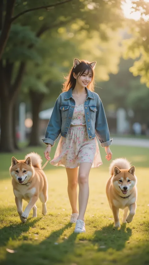 Teen girl in denim jacket and sundress walking several Shiba Inus in a sunlit park, hi-res, DSLR shot, bokeh background, grass, long