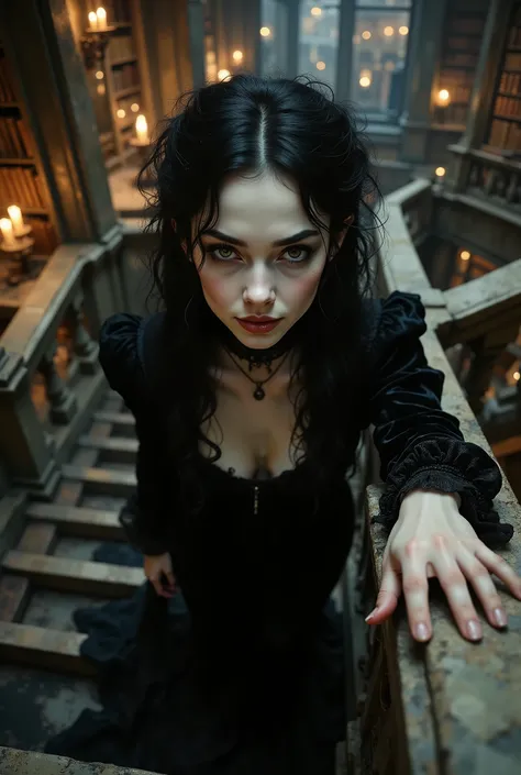 A low-angle shot from the stairs, looking up at a gothic woman in a black velvet gown descending towards the viewer. Her pose is confident and ethereal, as if floating. One of her pale hands is extended slightly forward, while the other gently trails along...