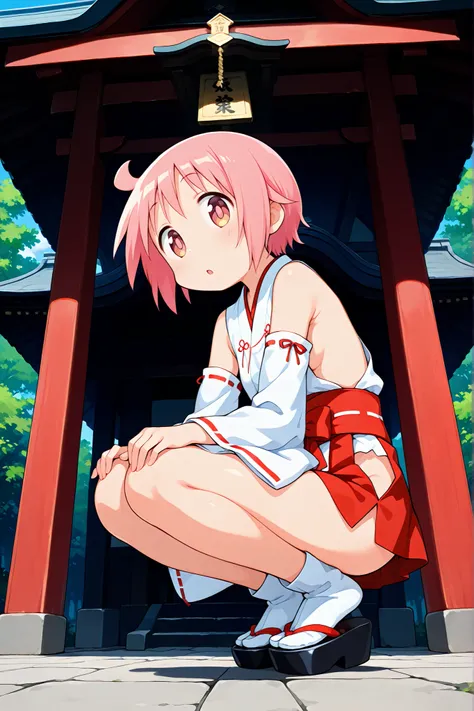 nonohara yuzuko, pink hair, short hair, ahoge, pink eyes,bangs,(nsfw),((anime style)),score_9, score_8_up, score_7_up, source_anime,,1girl, ((miko)),(tabi),(black okobo),  ((((mini slit red skirt)))),Obi ,Obi knot, (flat chest) , ((side boob)) , (No pantie...