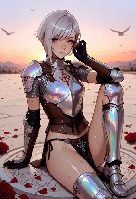 (((girl sits in a circle of rose petals, glyph, rune, flying petals, swirling petals))), score_9, score_8_up, score_7_up, 1girl, high resolution (4k, 8K), action scene, hand raised, casting spell, (white hair, silver hair, sharp hair, side-swept pixie bob,...