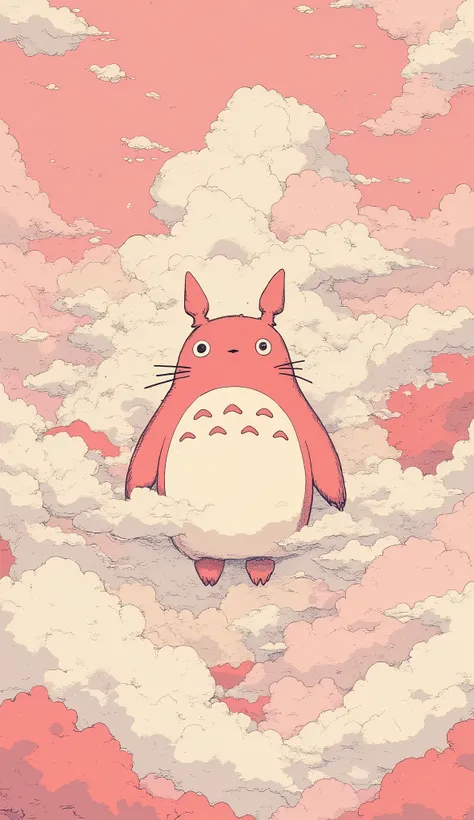 Get complex clouds in the middle of the weather, pink and or summer, clouds blend together Apply this like a pixel motif to match the phone case, stick to the image, create a bi totoro character flying in the center above the clouds, totoro yarat, totoro, ...