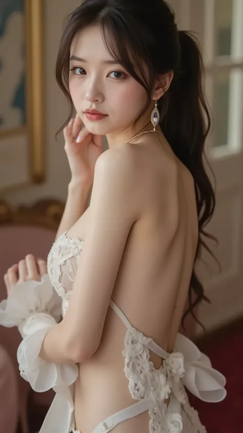 Noble princess 、baroque lace up bodice dress,Baroque Palace, (colorful mosaic chandelier), (1 Japanese girl:1.3)、Realistic Pictures、Photo Real:1.4 , Official Art、Super Detailed、Aesthetic、beautiful faces、masterpiece、Highest Quality、Like Life Support Devices...