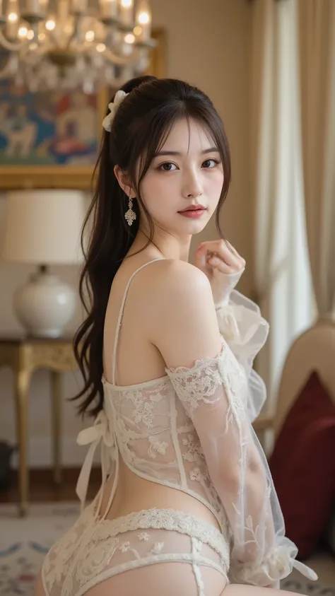 Noble princess 、baroque lace up bodice dress,Baroque Palace, (colorful mosaic chandelier), (1 Japanese girl:1.3)、Realistic Pictures、Photo Real:1.4 , Official Art、Super Detailed、Aesthetic、beautiful faces、masterpiece、Highest Quality、Like Life Support Devices...
