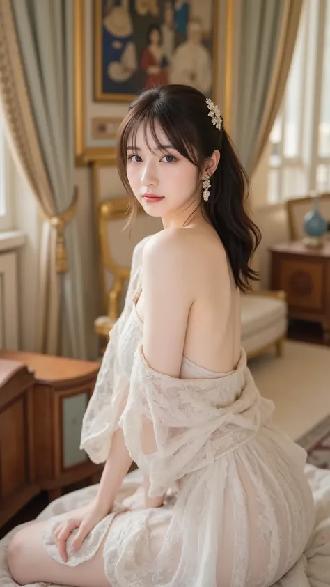 Noble princess 、baroque lace up bodice dress,Baroque Palace, (colorful mosaic chandelier), (1 Japanese girl:1.3)、Realistic Pictures、Photo Real:1.4 , Official Art、Super Detailed、Aesthetic、beautiful faces、masterpiece、Highest Quality、Like Life Support Devices...