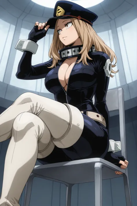 score9_up, score8_up, score7_up, solo, alone, masterpiece, best quality,  camie, long hair, brown hair, brown eyes, peaked cap, blonde hair, large breasts, boku_no_hero_academia, hat, open bodysuit, superhero, cleavage, black bodysuit, bodysuit, white thig...