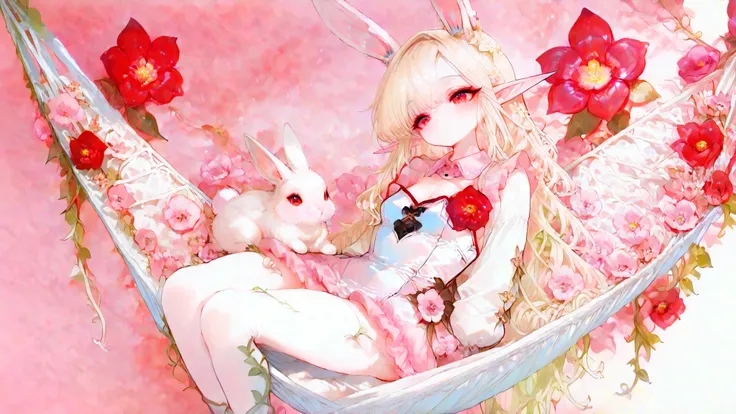 (Highest Quality, Super Detailed:1.5), 8k,(one girl), (Bunny Eared Elf Girl:1.5),Platinum Blonde Hair, very long hair, round eyes,(bunny ears grow:1.5), (red beautiful eyes:1.5), Full Body, arms behind back, small breasts,(Beautiful Vines and Flowers々playi...