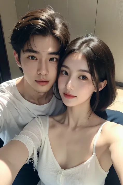 Young couple sitting on a picnic blanket in a blooming meadow, surrounded by wildflowers, dappled sunlight through tree branches, casual attire, laughing together, holding hands, intimate moment, captured from a slightly elevated angle, professional photog...