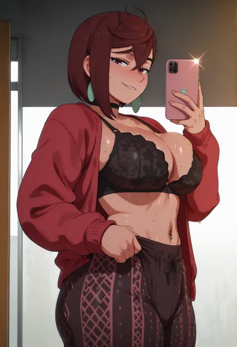 score_9, score_8_up, score_7_up, score_6_up, score_5_up, score_4_up, masterpiece, high quality, shiny skin, shiny hair, shiny body, clear body, large breasts, nose blush, sweat, sweaty, sweaty:1.3, nice legs, navel, midriff, standing, nice legs, posing, SF...