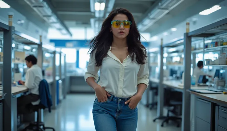 Full hd image of a indian modern 25 years old girl wearing jeans top  is walking and doing work in her laboratory 