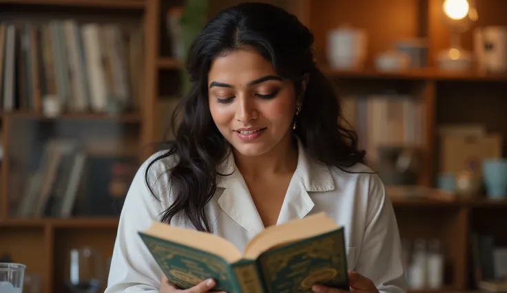 Full hd image of a indian modern 25 years old girl wearing western dress curvy figure is scientist and reading book in her room 