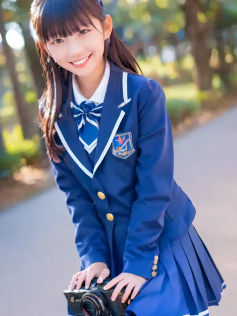 ((masterpiece)), 8k, Highest Quality, 1 girl, solo, beautiful faces, gentle expression, Realistic, cute, dark blue short skirt, necktie, dark blue blazer uniform, (high school girl), smile, ((camera perspective)), Medium Hair, Full Body,