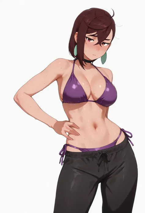 score_9, score_8_up, score_7_up, score_6_up, score_5_up, score_4_up, masterpiece, high quality, shiny skin, shiny hair, shiny body, clear body, large breasts, nose blush, sweat, sweaty, sweaty:1.3, nice legs, navel, midriff, standing, nice legs, posing, SF...