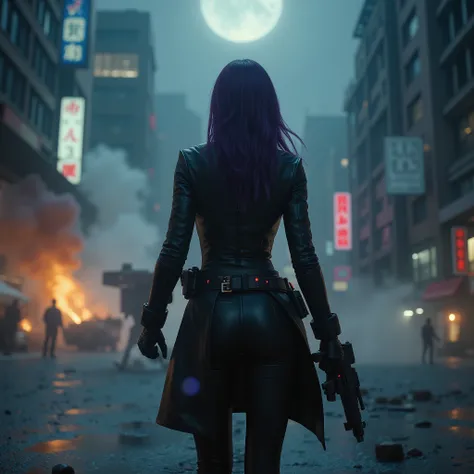 female android assassin, Midnight ,Cyberpunk City with Violent Explosions and White Smoke,Ready to fight、slowly heading towards a building with terrorists, (Highest Quality,4K,8k,high resolution,masterpiece:1.2),super detailed,(Realistic,photoRealistic,ph...