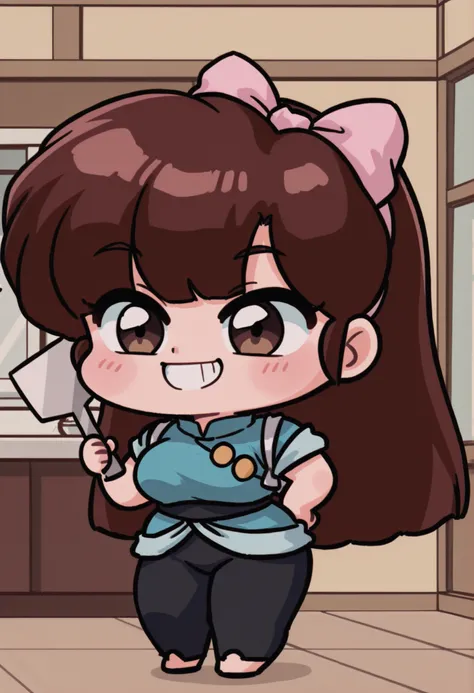 uk (ranma 1/2), dark brown hair, long hair, ojos cafes, Big breasts, NSFW,  sexy hips, sexy waist, blue suit, black pants, kitchen utensils, carrying a giant spatula, Japanese restaurant, by day, alone, without people in the background, pretty woman, Cute ...
