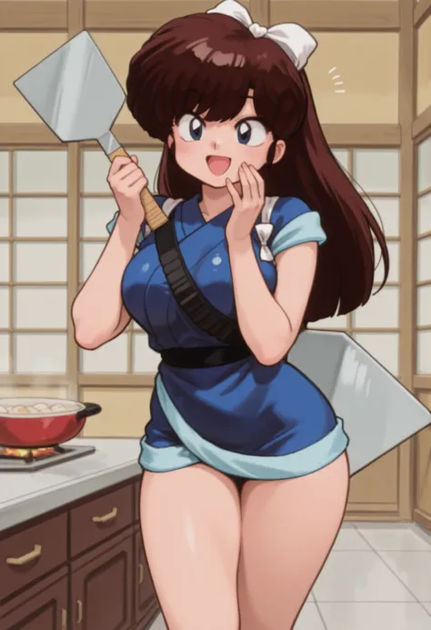 uk (ranma 1/2), dark brown hair, long hair, ojos cafes, Big breasts, NSFW,  sexy hips, sexy waist, kitchen utensils, carrying a giant spatula, Japanese restaurant, by day, alone, without people in the background, pretty woman, Cute anime girl, blushed, de ...