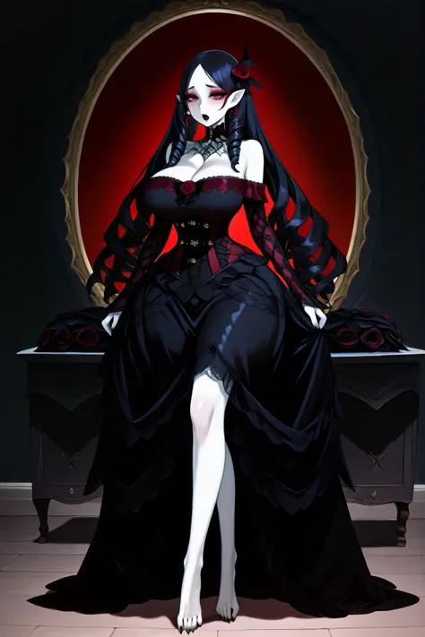 Mature gothic vampire woman with big breast. She has white skin and pointed ears. she has glowing in the dark crimson red eyes. She has elegant plump black lips and pearly vampire fangs. She has dark Gothic makeup with burgundy eyeshadow. She has black-pur...