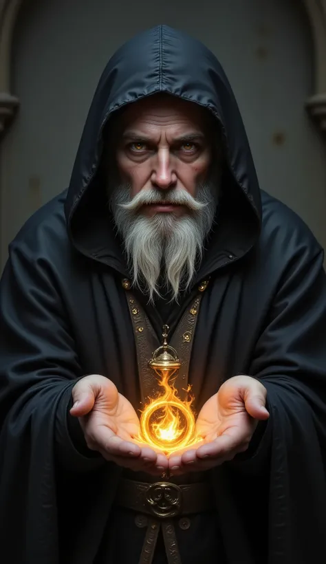 A mysterious elderly man with a long white beard and piercing eyes stands in a dark, atmospheric setting. He wears a hooded cloak that shrouds him in shadow, evoking a sense of ancient wisdom and power. His hands are outstretched, palms up, as a glowing go...
