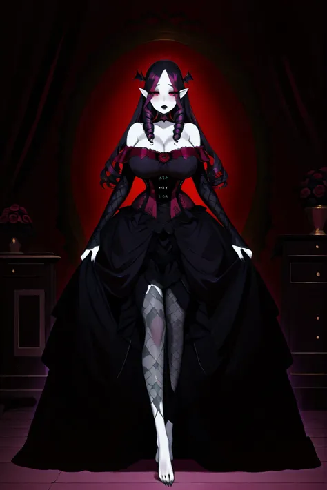 Mature gothic vampire woman with big breast. She has white skin and pointed ears. she has glowing in the dark crimson red eyes. She has elegant plump black lips and pearly vampire fangs. She has dark Gothic makeup with burgundy eyeshadow. She has black-pur...